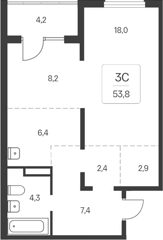 Планировка 2е-к.кв 49.60 м² в ЖК «Расцветай у Академгородка»