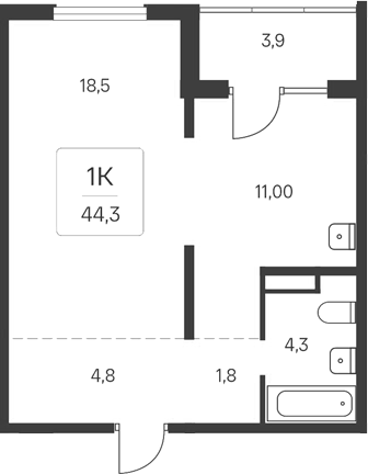 Планировка 1-к. квартира 40.40 м² в ЖК «Расцветай у Академгородка»