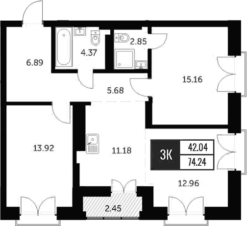 Планировка 2-к.кв 72.97 м² в ЖК «Академия»