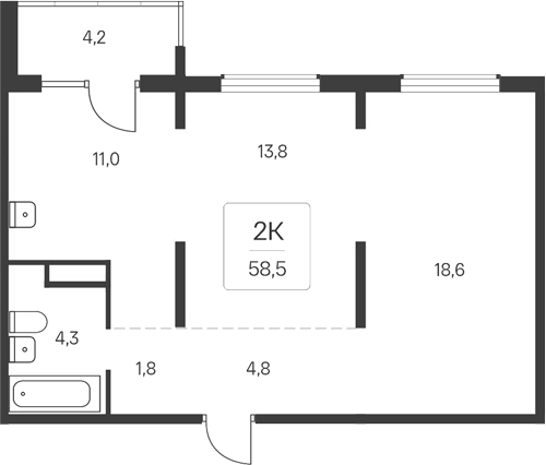 Планировка 2-к. квартира 54.30 м² в ЖК «Расцветай у Академгородка»