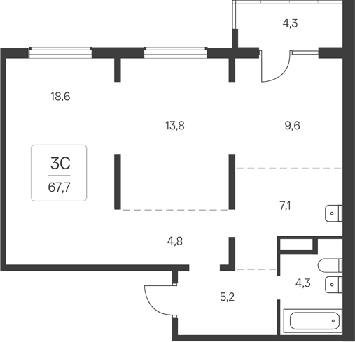 Планировка 3е-к.кв 63.40 м² в ЖК «Расцветай у Академгородка»