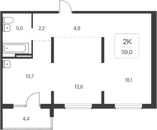 Планировка 2-к.кв 54.60 м² в ЖК «Расцветай у Академгородка»