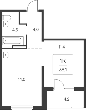 Планировка 1-к. квартира 33.90 м² в ЖК «Расцветай у Академгородка»