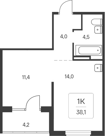 Планировка 1-к.кв 33.90 м² в ЖК «Расцветай у Академгородка»