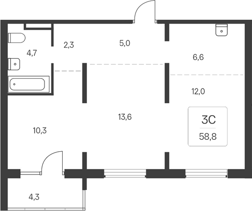 Планировка 3е-к.кв 54.50 м² в ЖК «Расцветай у Академгородка»