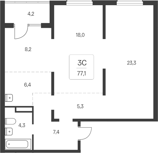 Планировка 3е-к. квартира 72.90 м² в ЖК «Расцветай у Академгородка»