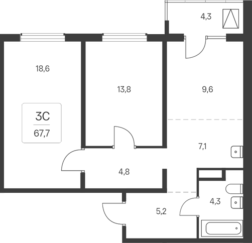 Планировка 3е-к. квартира 63.40 м² в ЖК «Расцветай у Академгородка»