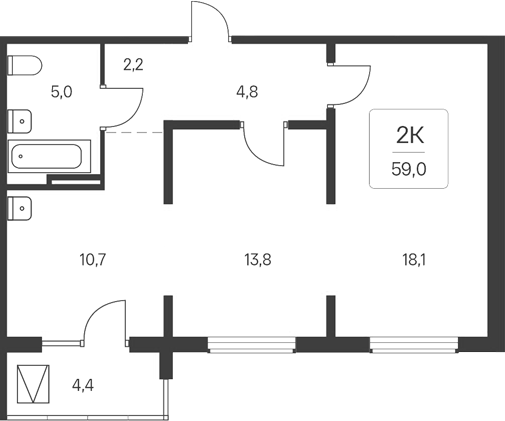 Планировка 2-к.кв 54.60 м² в ЖК «Расцветай у Академгородка»