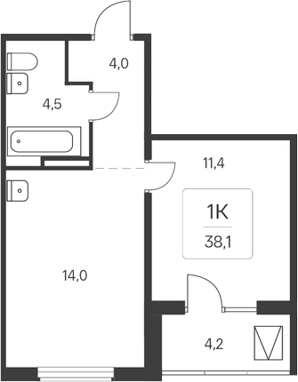 Планировка 1-к.кв 33.90 м² в ЖК «Расцветай у Академгородка»