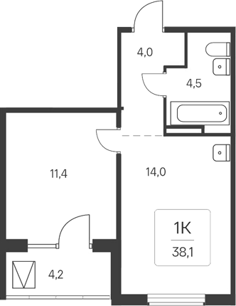 Планировка 1-к. квартира 33.90 м² в ЖК «Расцветай у Академгородка»