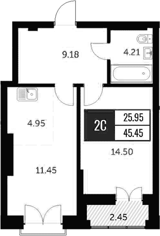 Планировка 2е-к.кв 44.17 м² в ЖК «Академия»