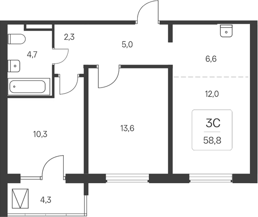 Планировка 3е-к.кв 54.50 м² в ЖК «Расцветай у Академгородка»
