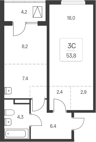 Планировка 2е-к.кв 49.60 м² в ЖК «Расцветай у Академгородка»