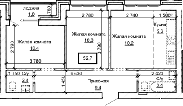 Планировка 3е-к.кв 51.70 м² в ЖК «Карамель. Барнаул»