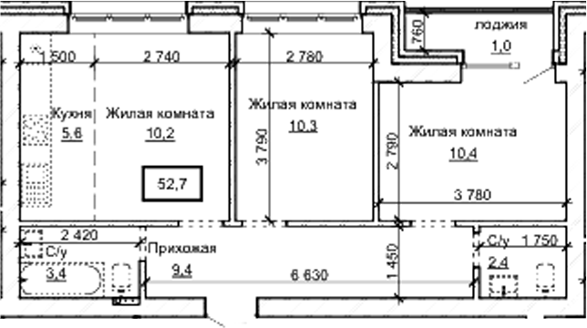 Планировка 3е-к.кв 51.70 м² в ЖК «Карамель. Барнаул»