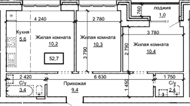 Планировка 3е-к.кв 51.70 м² в ЖК «Карамель. Барнаул»