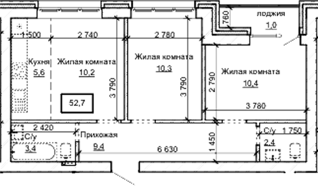 Планировка 3е-к.кв 51.70 м² в ЖК «Карамель. Барнаул»