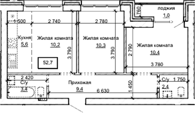 Планировка 3е-к.кв 51.70 м² в ЖК «Карамель. Барнаул»