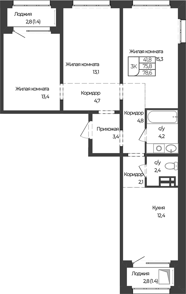 Планировка 3-к.кв 75.80 м² в ЖК «Чуйские кварталы. Майма»