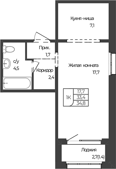 Планировка 1-к.кв 33.40 м² в ЖК «Чуйские кварталы. Майма»