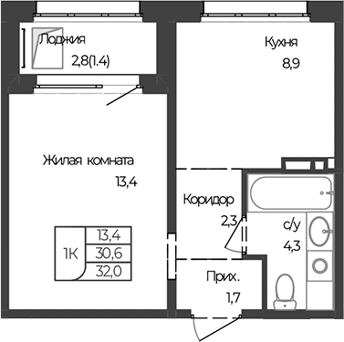 Планировка 1-к.кв 30.60 м² в ЖК «Чуйские кварталы. Майма»