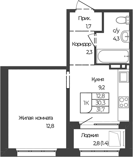Планировка 1-к.кв 30.30 м² в ЖК «Чуйские кварталы. Майма»