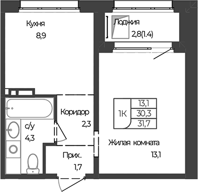 Планировка 1-к.кв 30.30 м² в ЖК «Чуйские кварталы. Майма»