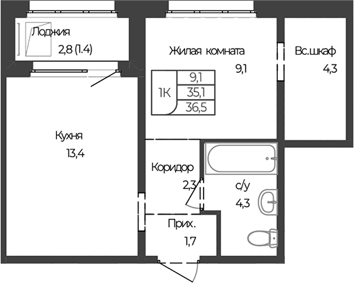 Планировка 1-к.кв 35.10 м² в ЖК «Чуйские кварталы. Майма»