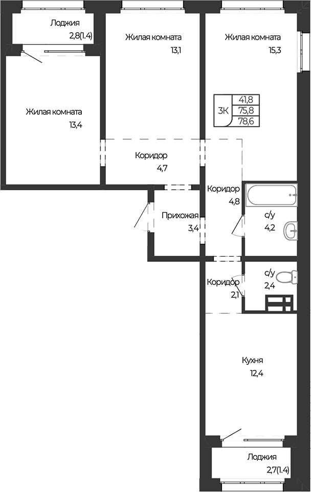 Планировка 3-к.кв 75.80 м² в ЖК «Чуйские кварталы. Майма»