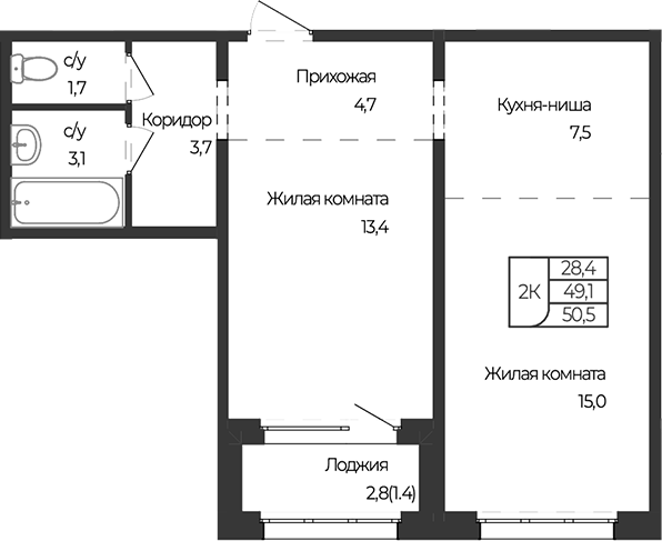 Планировка 1-к.кв 49.10 м² в ЖК «Чуйские кварталы. Майма»