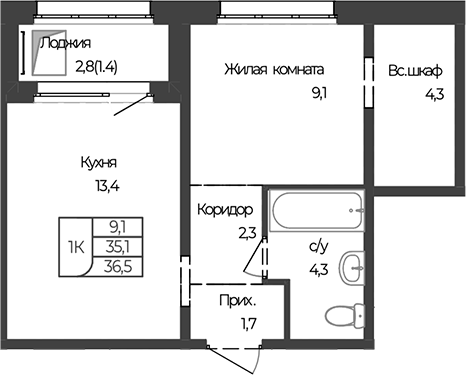 Планировка 1-к.кв 35.10 м² в ЖК «Чуйские кварталы. Майма»