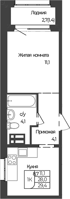 Планировка 1-к.кв 28.00 м² в ЖК «Чуйские кварталы. Майма»