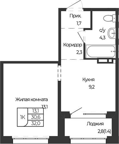 Планировка 1-к.кв 30.60 м² в ЖК «Чуйские кварталы. Майма»