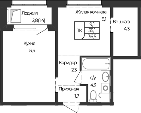 Планировка 1-к.кв 35.10 м² в ЖК «Чуйские кварталы. Майма»