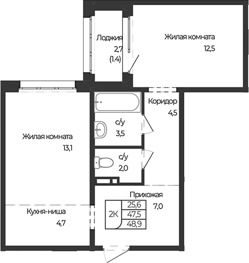 Планировка 1-к.кв 47.50 м² в ЖК «Чуйские кварталы. Майма»