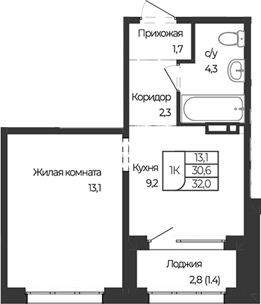 Планировка 1-к.кв 30.60 м² в ЖК «Чуйские кварталы. Майма»