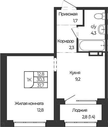 Планировка 1-к.кв 30.30 м² в ЖК «Чуйские кварталы. Майма»