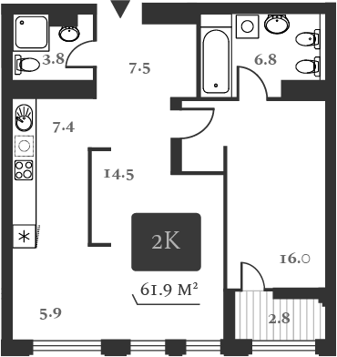 Планировка 2-к.кв 61.90 м² в ЖК «Нобель»