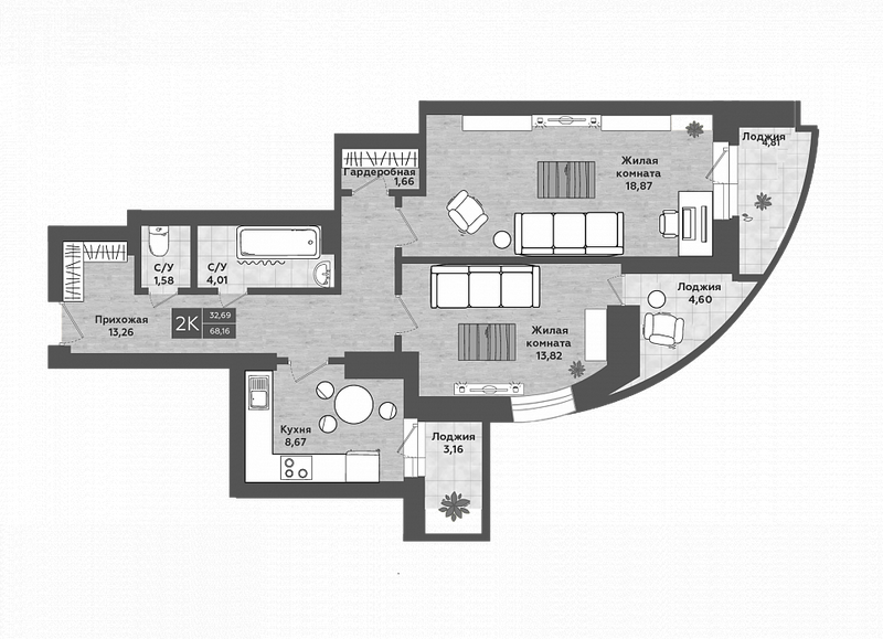 Планировка 2-к.кв 60.32 м² в ЖК «Сосны»