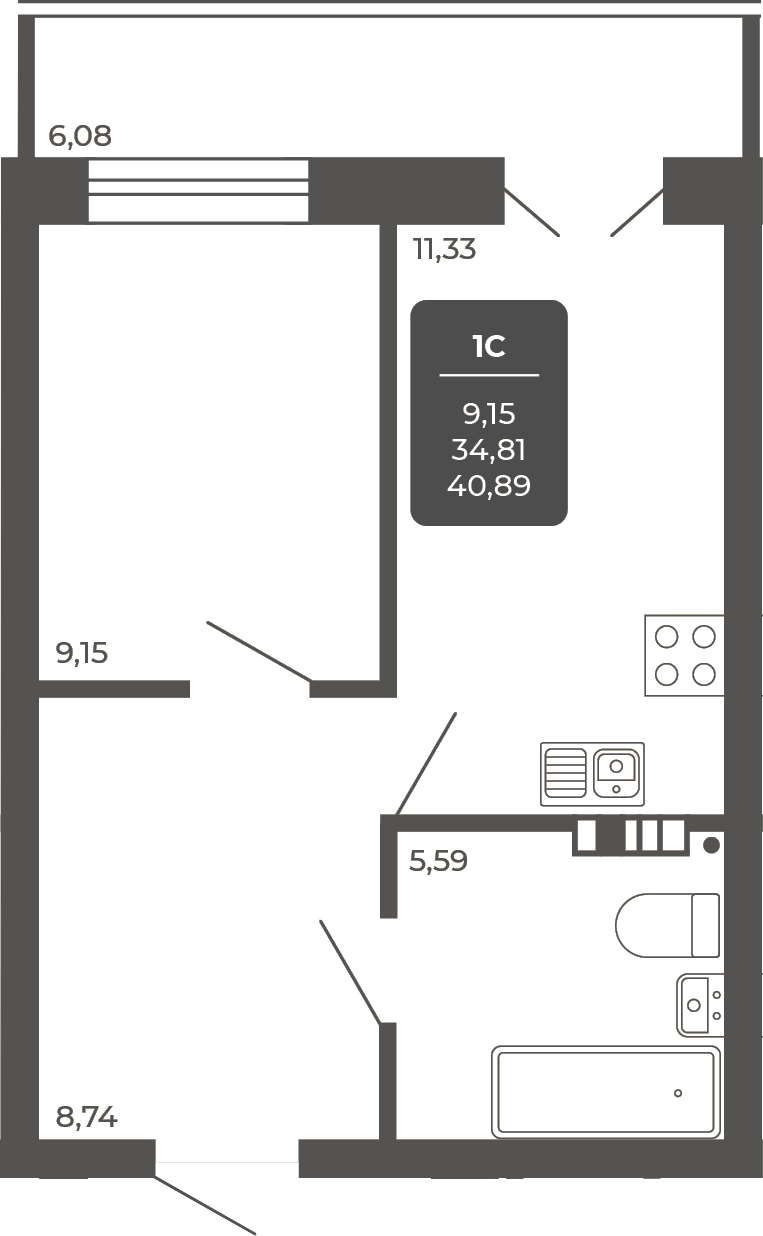 Планировка 1-к.кв 34.81 м² в ЖК «НОВА АПАРТ»