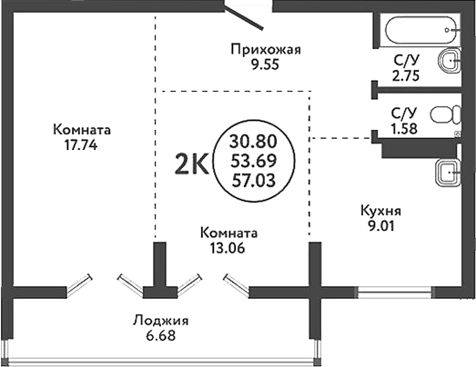 Планировка 2-к.кв 53.69 м² в ЖК «Экополис»