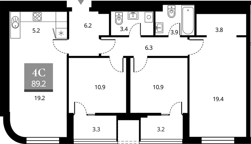 Планировка 4е-к.кв 90.95 м² в ЖК «Беринг»