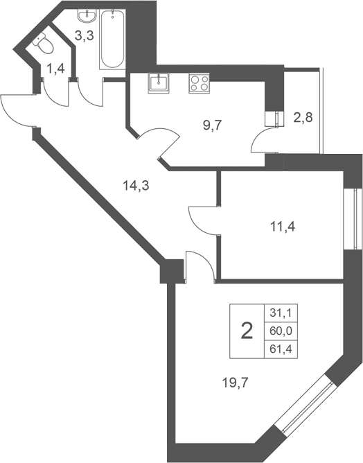Планировка 2-к.кв 60.00 м² в ЖК «Эверест»