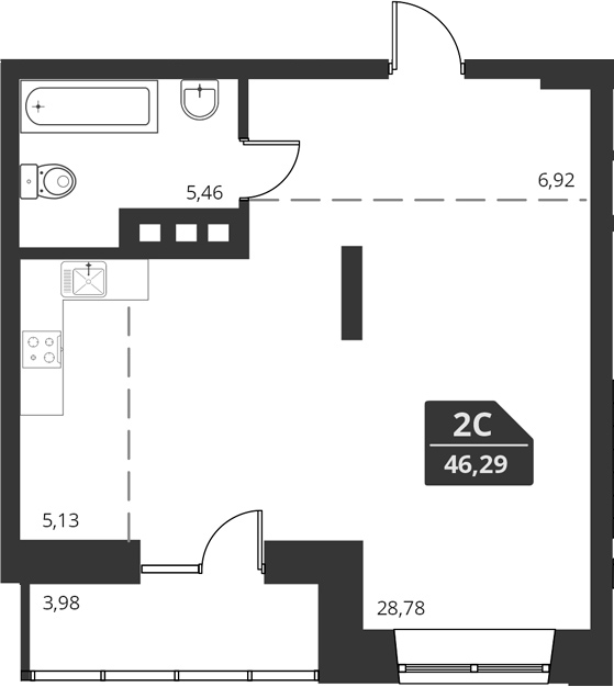 Планировка своб. план. 46.29 м² в ЖК «For Stars»