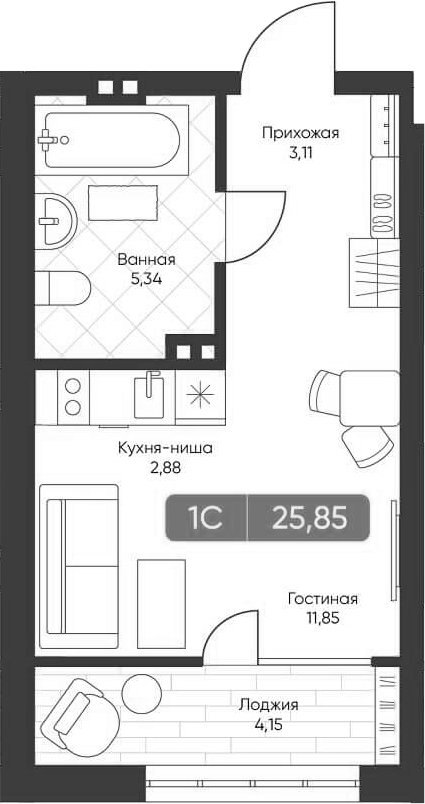 Планировка студии 23.53 м² в ЖК «Биография»