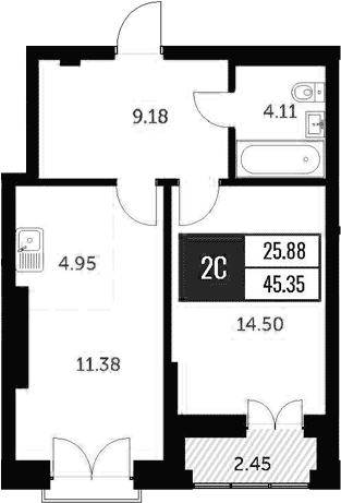 Планировка 2е-к. квартира 44.17 м² в ЖК «Академия»