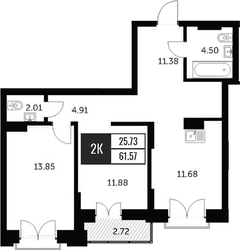 Планировка 2-к.кв 59.74 м² в ЖК «Академия»