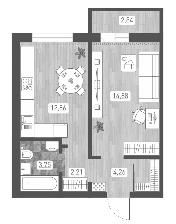 Планировка 1-к. квартира 37.96 м² в ЖК «Радуга Сибири»