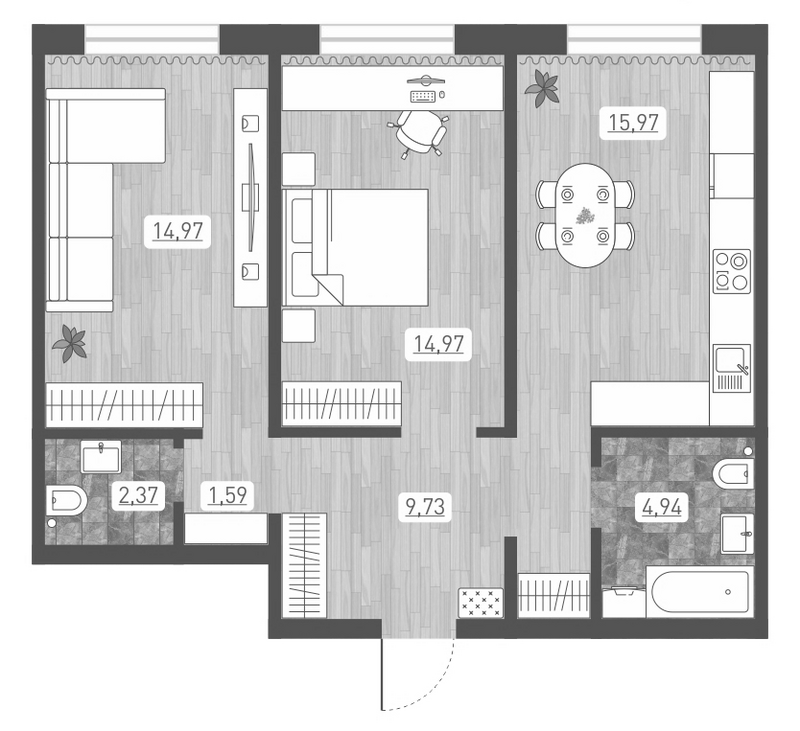 Планировка 2-к. квартира 64.54 м² в ЖК «Радуга Сибири»