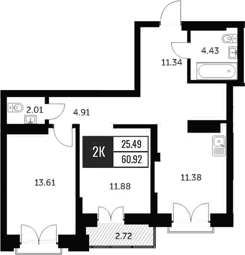 Планировка 2-к. квартира 59.74 м² в ЖК «Академия»